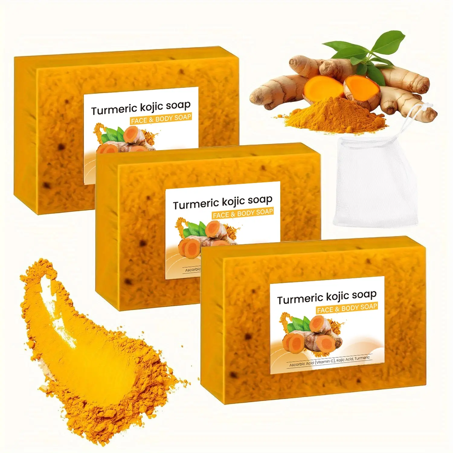 3pcs 100g turmeric, kojic and citric acid granule soaps, Turmeric Beauty Soap, with foaming net, rich in foam, facial and body gentle cleansing soaps, deeply clean skin impurities, moisturize, hydrate, suitable for all skin types