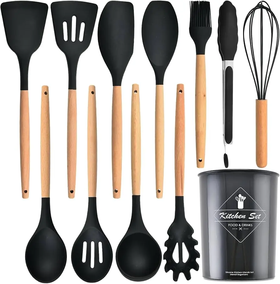 12-Piece Silicone Kitchen Utensils Set - Non-Stick, Heat-Resistant, BPA-Free Wooden Handle Cooking Tools with Slotted Spoon, Soup Ladle, Turner, Durable Silicone Spatula Set