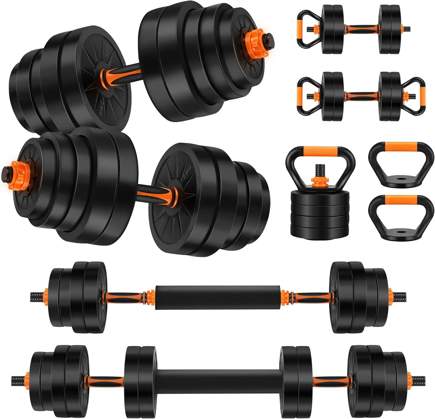 ROCKRAF 66LB-Orange 4 in 1 Adjustable Dumbbell Set with Connecting Rod Used as Barbell, Kettlebells, Push up Stand, Fitness Exercises for Home Gym, Orange - 20/30/50/66/70 Pounds