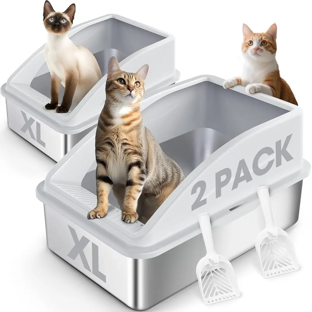 Extra-Large 2 Pack Stainless Steel Cat Litter Box High Sided Leak-Proof, Non-Stick, Easy to Clean Includes 2 Scoops for Multi-Cat Households Non-Slip Design