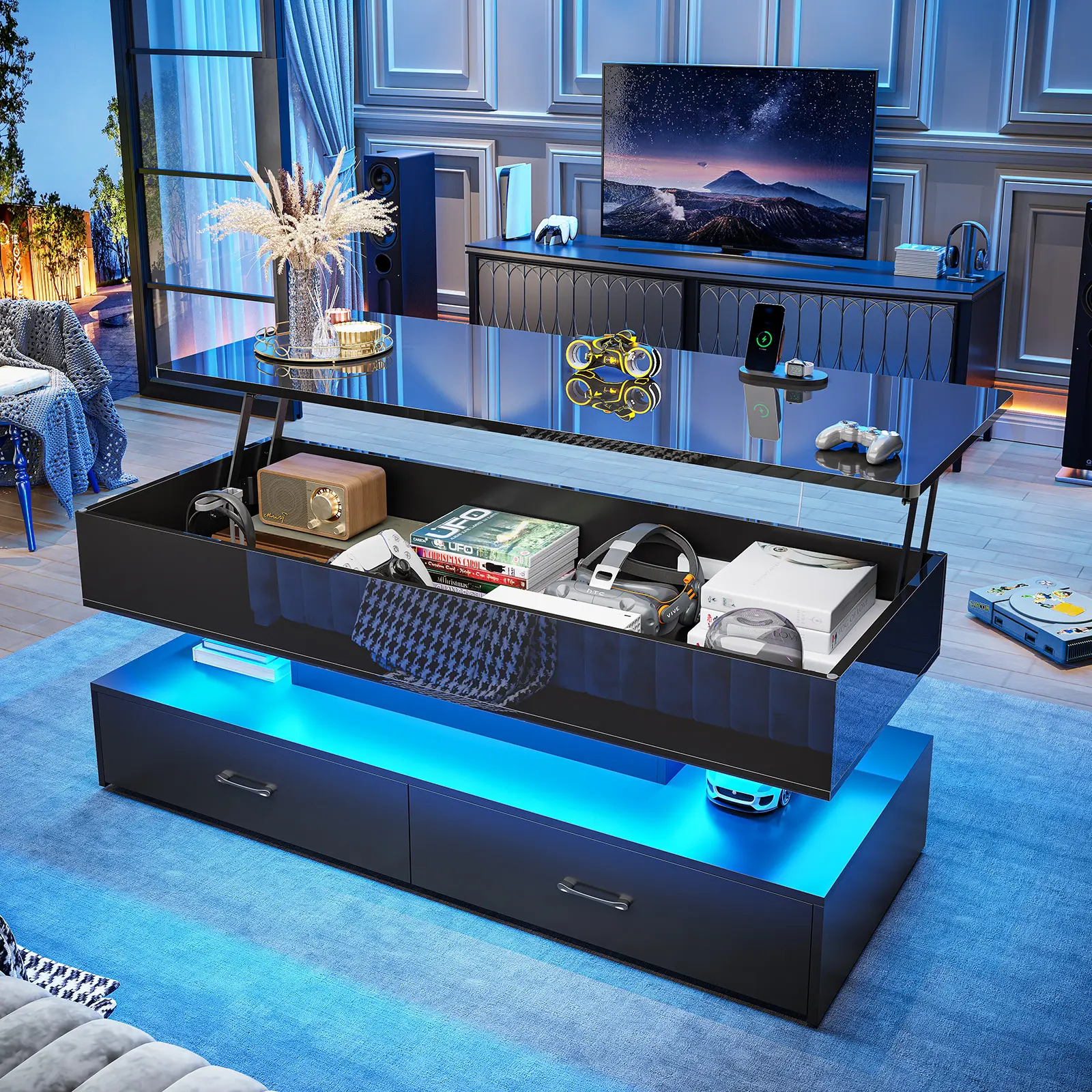 Sedeta 47.2-Inch Modern Contemporary Built-In Convertible Dual-Use Flexible Gaming-Style Coffee Table - Adjustable Lift-Top Sofa Table with 2 Storage Drawers, Power Outlet, LED Light for Living Room, Built-In Coffee Tables, Convertible Coffee Tables
