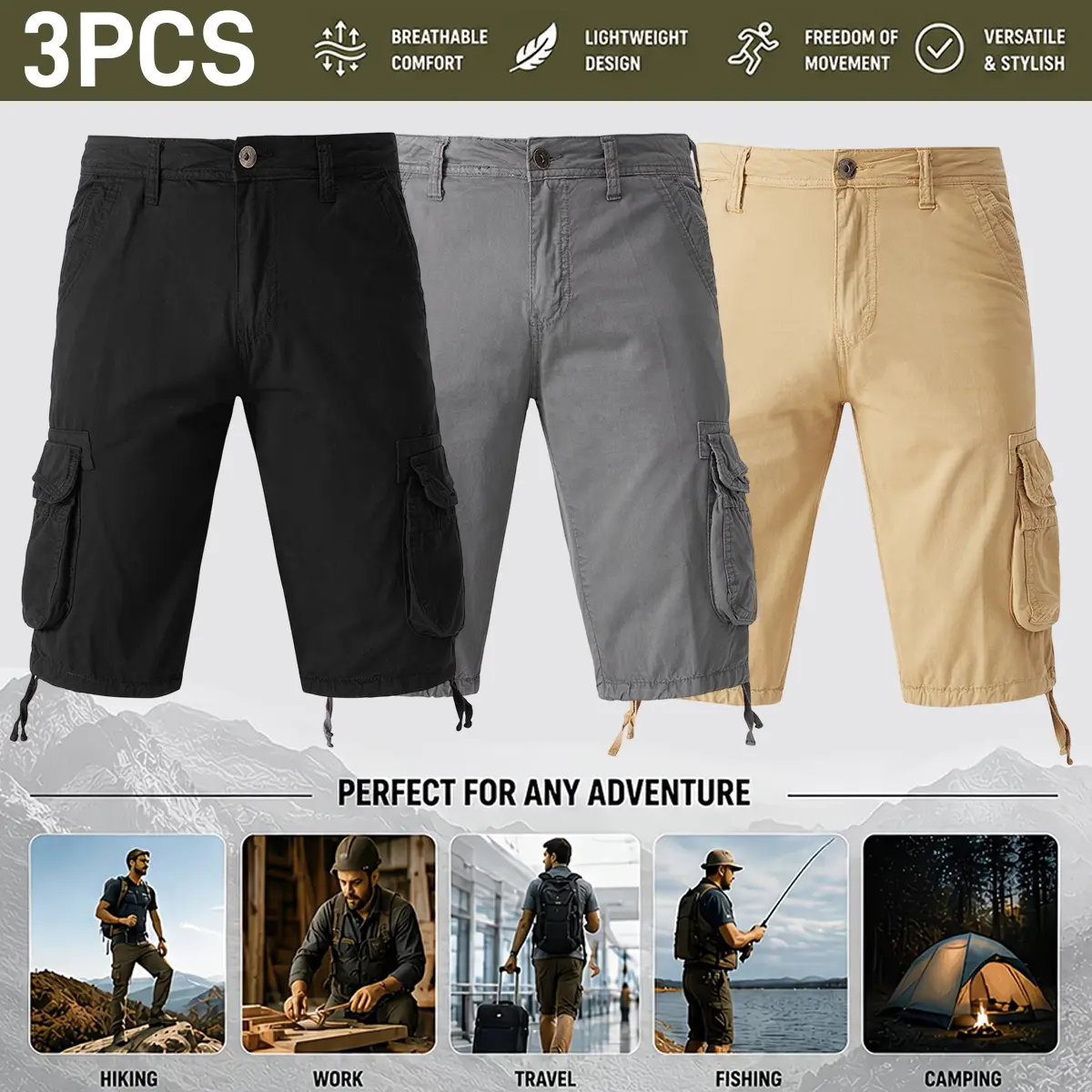 Men's 3-Pack Loose Fitting Cargo Tactical Shorts - Cargo Jorts, Casual, Lightweight, Quick-Dry, Multi-Pocket, Mid-Waist with Button, Knee-Length, Retro Street, Hiking/Light Outdoor Bottoms, Machine Washable
