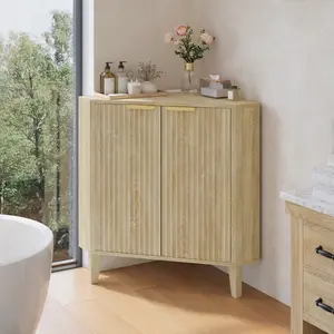Natural Wood Corner Cabinet with Doors, Small Corner Storage Cabinet with Built-In Power Strip & Adjustable Shelf, Space-Saving Corner Furniture for Living Room, Bathroom & Kitchen