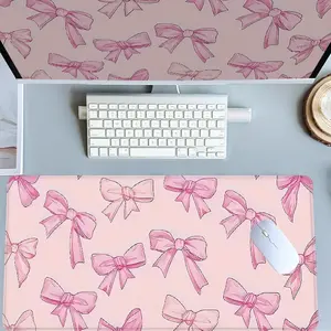 Pink Bow Desk Mat Gaming Mouse Pad Desk Accessory XXL Extended Mouse Pad for Laptop Large Mouse Pad for Desk with Non-Slip Rubber Base Stitched Edges Surface for PC Gamers Office Workers & Home Use