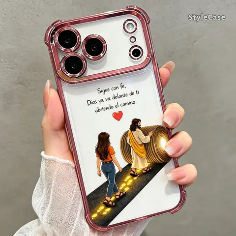 Jesus Guided Path Transparent Slim Phone Case for iPhone 11-Air-Plus-17 Pro Max, Blush Pink Soft Shockproof Casing with Spanish Quote, Full Lens Guard, Phone Protection Accessory (DDSJ260615008), Accessories