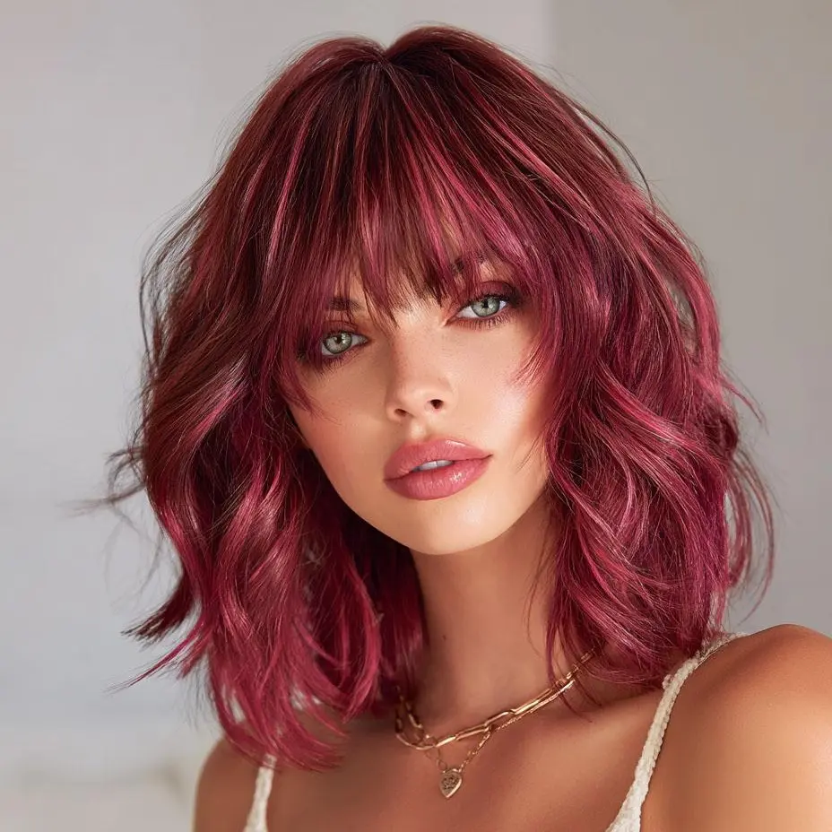 Smilco Synthetic Full Machine Wig for Women, 14 Inch Short Curly Bob with Bangs, Highlighted Pink and Rose Red Hair, Synthetic Full Machine Wigs Machine Made Wigs Synthetic Material Wigs