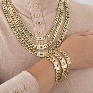 Vivid [New Upgraded Set] 14K Gold-Plated Cuban Necklace & Bracelet 6mm/8mm/10mm/12mm/14mm Vintage Feel Stainless Steel Anti-Rust Technology Waterproof Sweatproof Perfect Gift