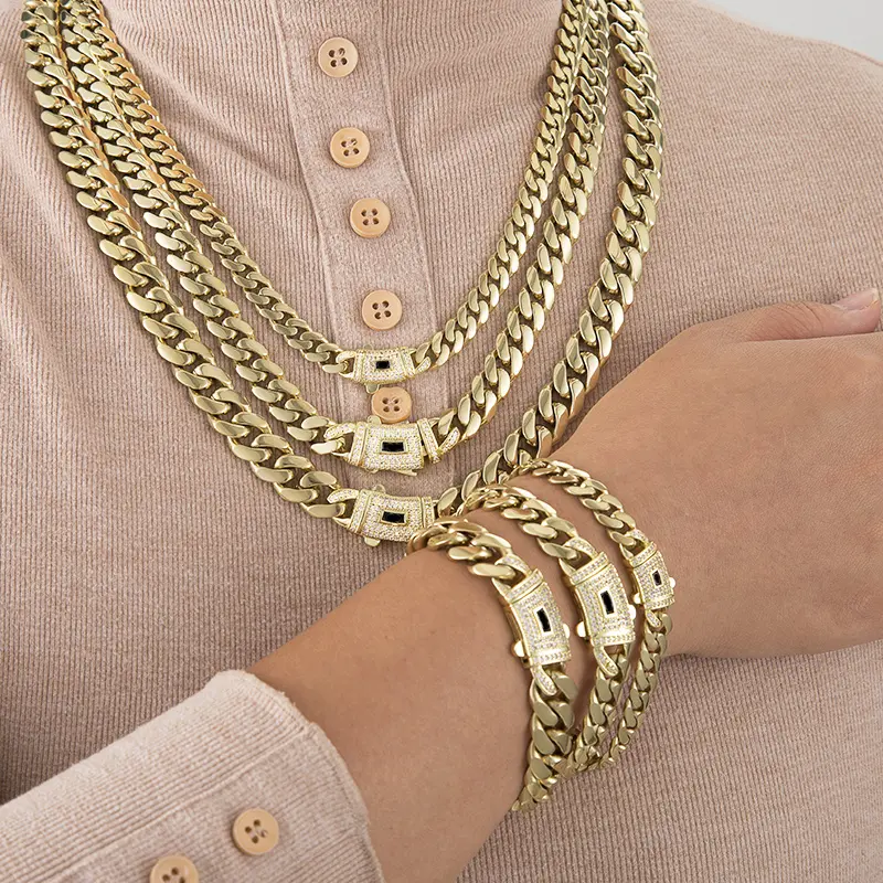 Vivid [New Upgraded Set] 14K Gold-Plated Cuban Necklace & Bracelet 6mm/8mm/10mm/12mm/14mm Vintage Feel Stainless Steel Anti-Rust Technology Waterproof Sweatproof Perfect Gift