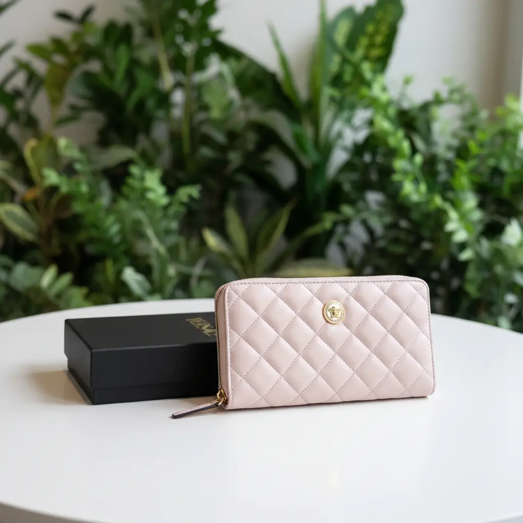 Pre-owned VERSACE Leather Small Leather Goods Pink Quilted Zip Wallet