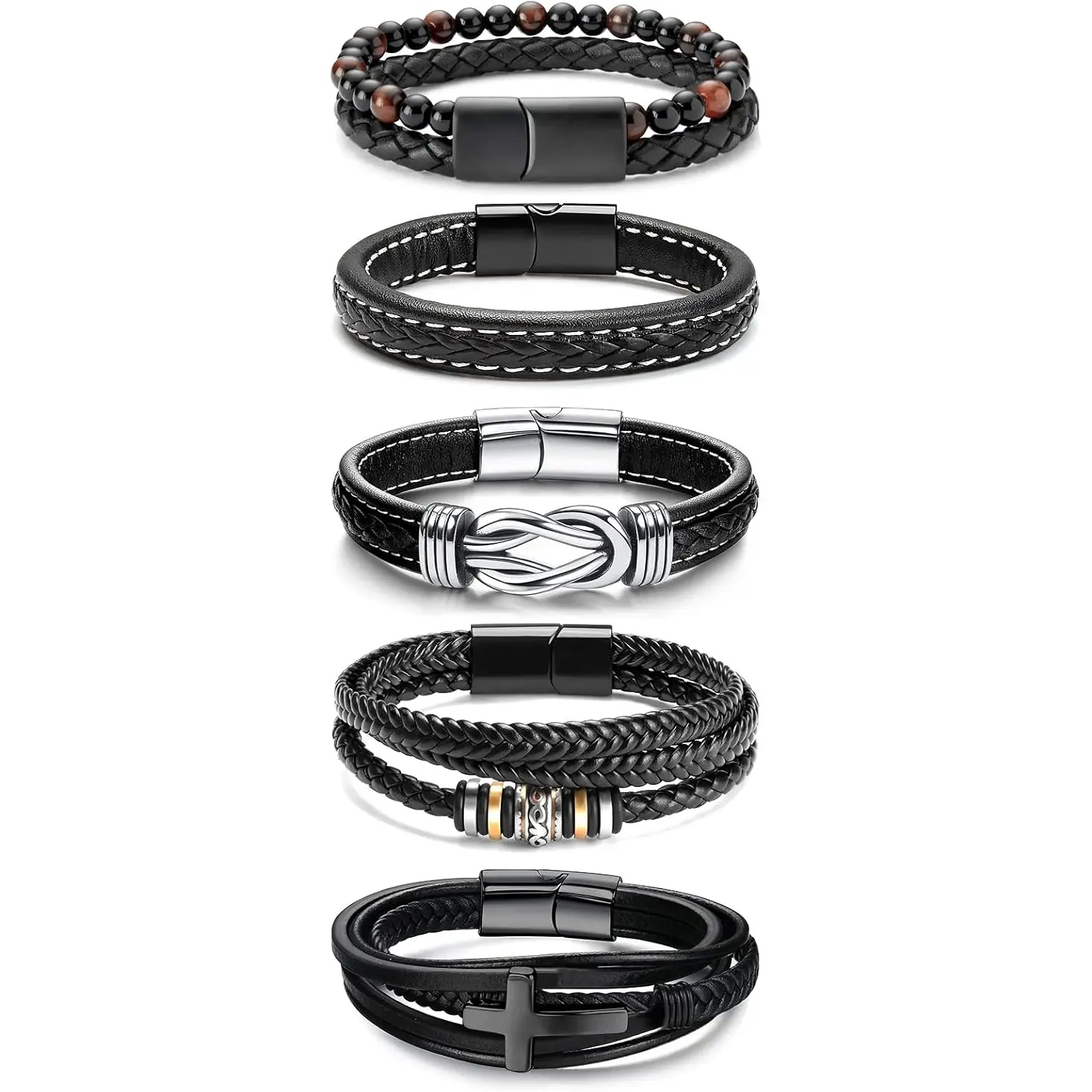 Black Leather Bracelets for Men Women 5pcs Mens Bracelet Leather and Steel Braided Cuff Bracelets Black Leather Bracelets for Men Women 5pcs Mens Bracelet Leather and Steel Braided Cuff Bracelets