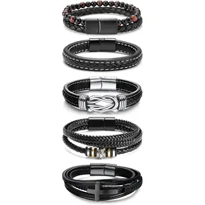 Black Leather Bracelets for Men Women 5pcs Mens Bracelet Leather and Steel Braided Cuff Bracelets
