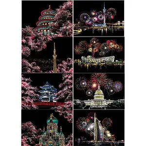 Scratch Painting Art for Adults -Scratch Painting Foil Art for Adults, Scratchboard Set(A4) with 4 Tools & 8 Sheets,City Series Creative Gifts(Sakura)
