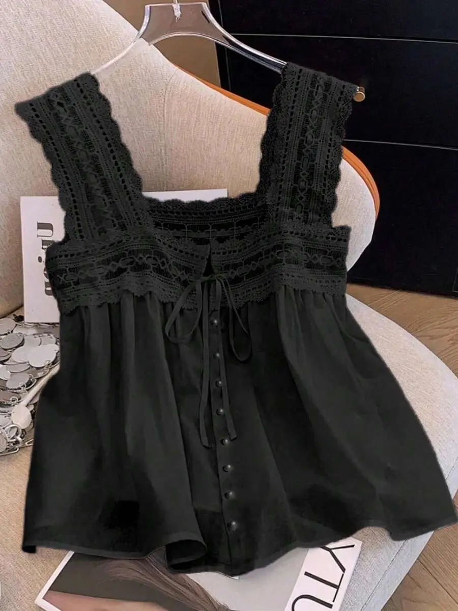 Plus Size Women Lace Panel White Collared Sleeveless Top, Loose Fit Ruffled Hollow Elegant Cute Top For Spring Summer