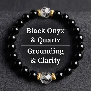 Ultimate Protection & Grounding Black Onyx & Quartz Crystal Bracelet | Black Onyx & Quartz Energy Shield
