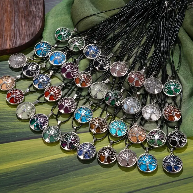 20-Piece Casual Tree of Life Pendant Necklace Set, Colorful Costume Jewelry with PU Leather Cords for Men & Teens, Party & Birthday Gift Pack, Colorful Necklaces, Costume Jewelry Necklace