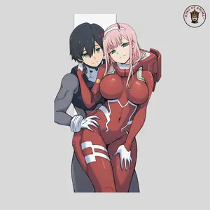 Zero Two and Hiro Darling in the Franxx Couple Anime Sticker, Romantic Mecha Waifu Love Decal