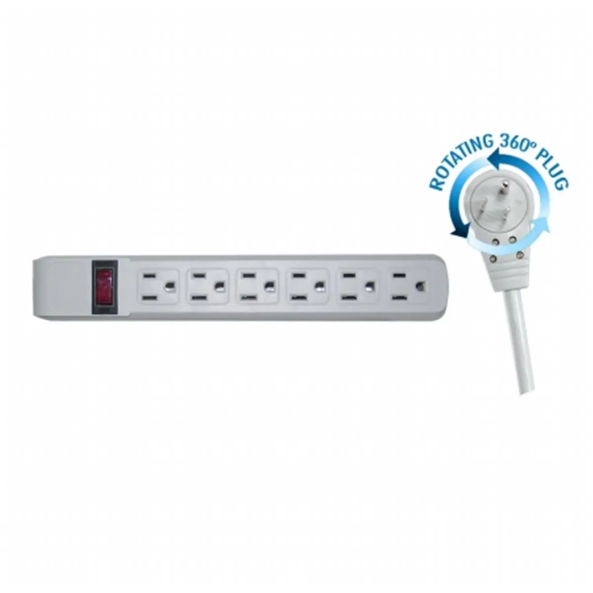CableWholesale Outdoor Climbing Recreation Surge Protector, 6 Horizontal Outlets, Plastic Construction, 6-ft Power Cord, 360° Rotating Plug, Wired, 6 Outlets