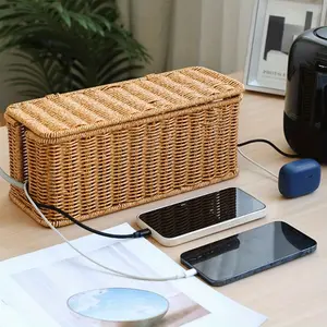 Handcrafted Rattan Cable Management Box - Sturdy PE Material, Rustic National Style with Cover, Multi-Section Storage for Power Cords, Data Wires, And Chargers, Office Supply Organizer | Rattan Weave Design | PE Build, Cable Storage Basket