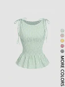 Women's Top Plaid Waist Top Boat Neck Waist Tie Ruffle Hem Shoulder Tie Tank Top Summer Cute Casual Y2k Commute Daily Elastic