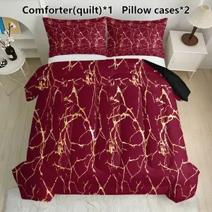 Burgundy & Marble Bedding Set, Includes 1 Comforter + 2 Pillowcases, Luxurious Synthetic Fiber Design