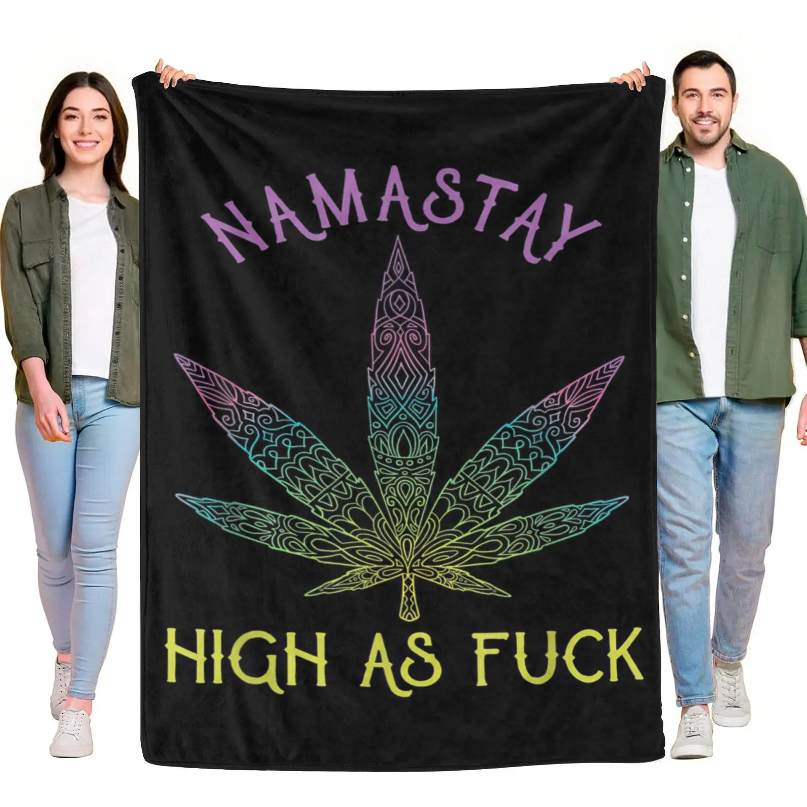 Colorful Mandala Leaf Namaste Yoga Themed Throw Blanket, Rainbow Gradient Line Art Plant Leaf Cozy Warm Fleece Blanket for Meditation Room