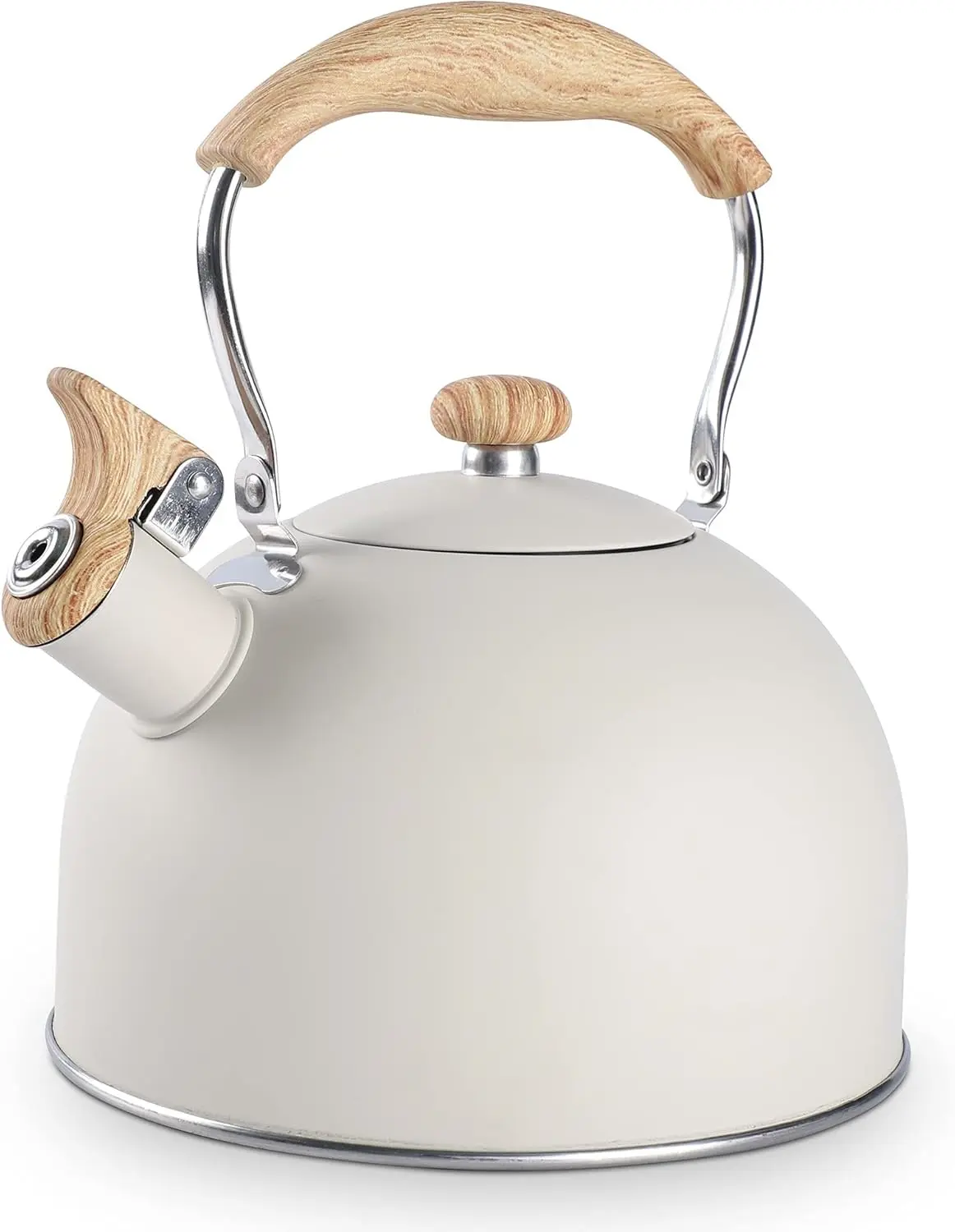 Tea Kettle, 85 OZ / 2.5 Liter Whistling Tea Kettle Pots for Stove Top Food Grade Stainless Steel with Wood Pattern Folding Handle, Loud Whistle for Tea, Coffee, Milk - Milk White