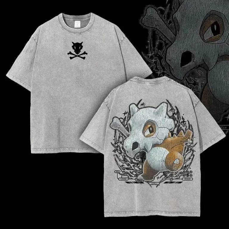 Unisex Washed Gray Cubone Double-Sided Graphic Vintage Anime Monster Oversized Streetwear T-Shirt, 100% Cotton Breathable Casual Shortsleeve Tee, Menswear Men's Top, Fabric, Print, Retro