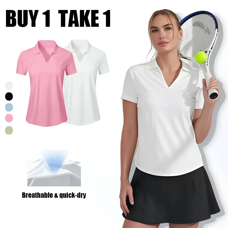 Buy 1 Get 1 Free Women’s Sporty Polo Top – Breathable V-Neck Activewear, Lightweight & Easy-to-Wear for Gym or Casual Summer Style,back to school,back to school shopping