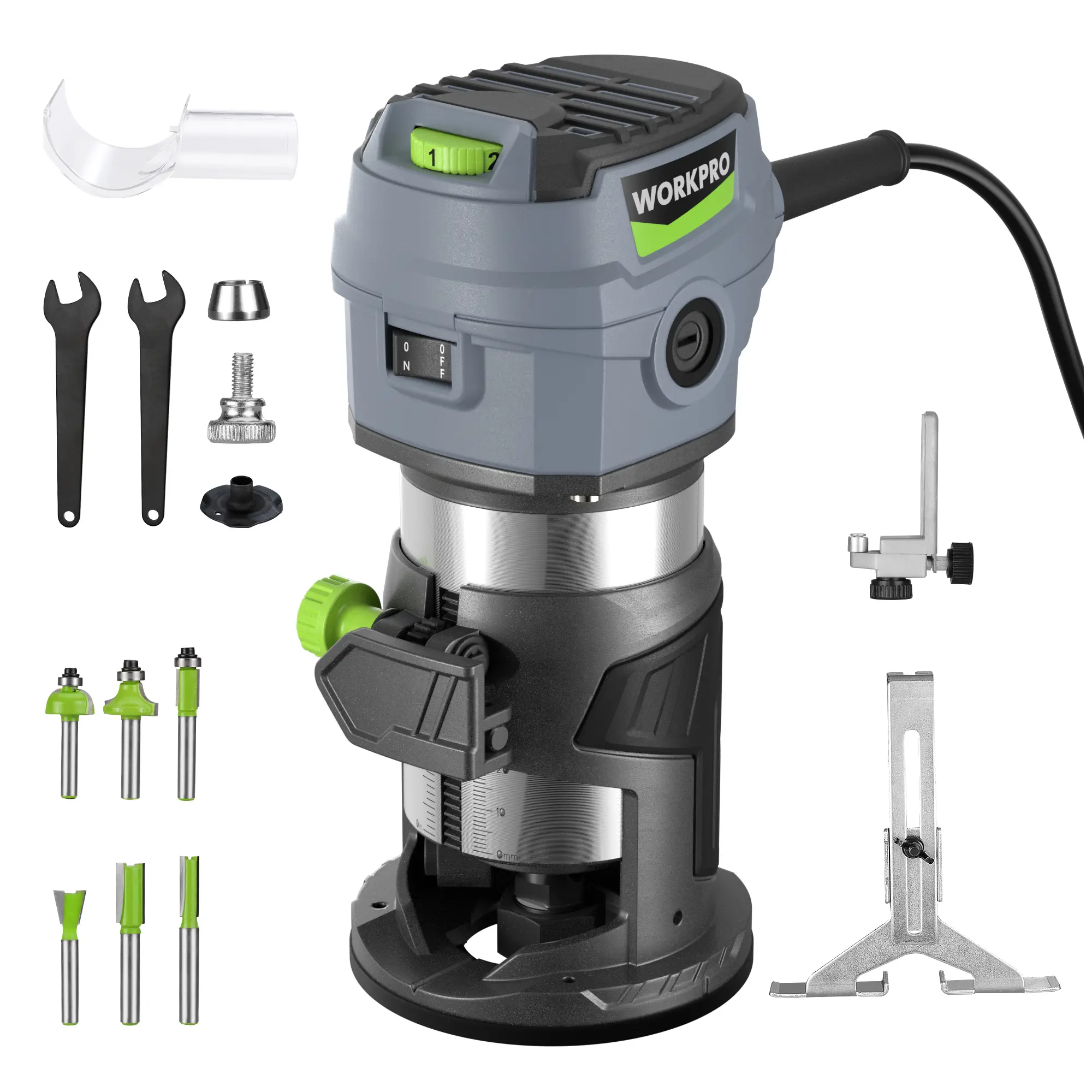 WORKPRO Compact Router Kit, Corded Hand Trimmer Router Tool, 6 Variable Speeds Wood Router for Woodworking Slotting Trimming