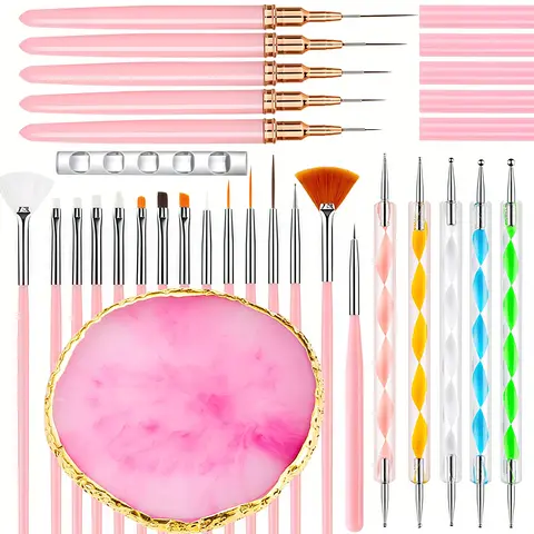 27-Piece DIY Nail Art Brush Tool Set, Nail Art Tools, Nail Design Tools, Manicure, Includes 15 Nail Brushes, 5 Dual-Head Drill Pens, 5 Nail Line Brushes, Resin Palette, Acrylic Pen Holder, Nail Supplies Equipment