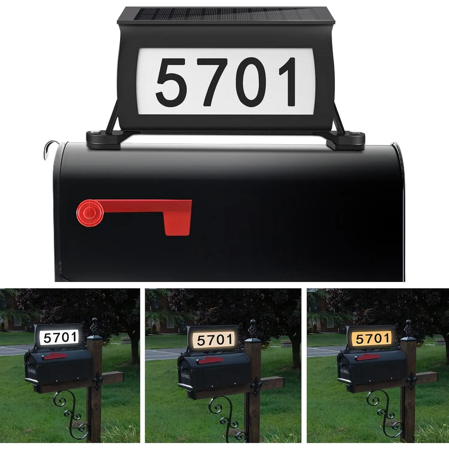 Solar Backlit Address Sign for Mailbox, House Number Plaque Double Side Illuminated Design IP65 , 3-Color in 1 Easy to Install Mailbox Topper for Vistor, Mailman, UberEats,  Service