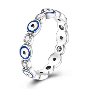 Dainty Silver Plated Evil Eye Eternity Ring - Blue Enamel & Sparkly CZ Protection Band