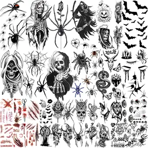 36 Sheets Sleeve Temporary Tattoos For Men Women Forearm, Bats, Spiders, Ghost-faced pumpkins, goats, Skull Temp Halloween Fake Tattoo Stickers Adults, Black Realistic Tattoo Flower Animals