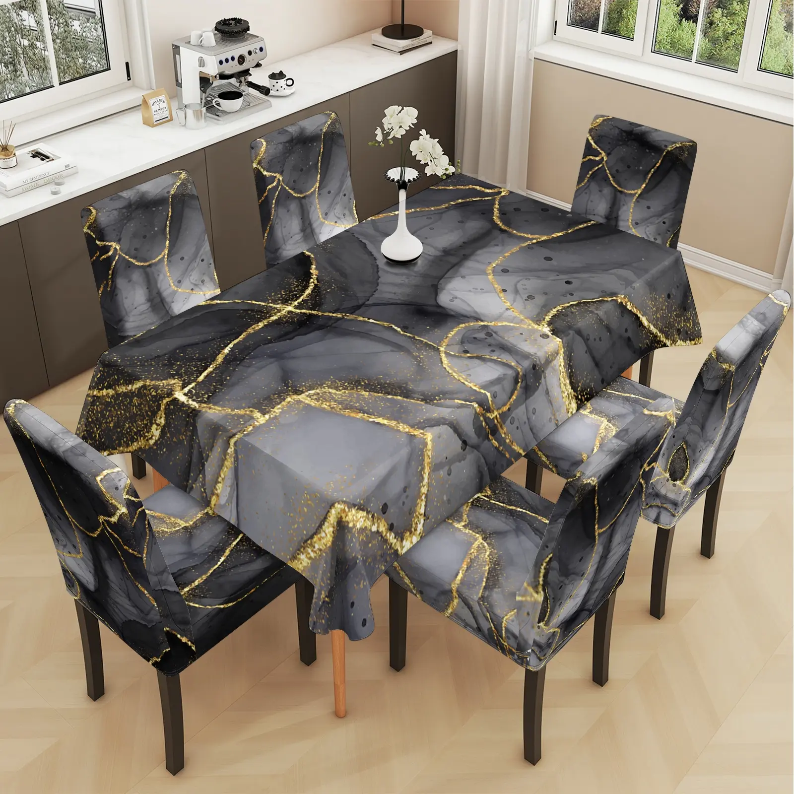 2/5/7PCS restaurant chair cover tablecloth, Chair Cover Set, black gold-plated printed table and chair protective cover, elastic polyester fiber sliding cover, dirt resistant, sewn closed, detachable cleaning, suitable for home, office
