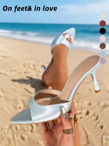 2026 Summer Women's Satin Open Toe Heeled Mules Pointed Stiletto Slide Sandals Elegant Party Wedding Office Shoes 7 Colors Luxury Satin Pointed Toe Heeled Mules Women Slip On Stiletto Sandals Comfortable Versatile Dress Shoes