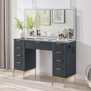 OKD Makeup Dresser with Mirror 3-Color Light, Large Dresser with 9 Drawers and 12 Storage Compartments, Power Outlet, Glass Dresser