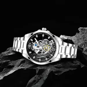 Silver Case Silver Steel High-End Mechanical Skeleton Men's Watch with Unique Design and Visible Mechanism
