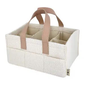 Teddy Sherpa Diaper Caddy Beige Baby Nursery Organizer for Diapers and Essentials Neutral Nursery Portable Diaper Storage Basket with Soft Handles