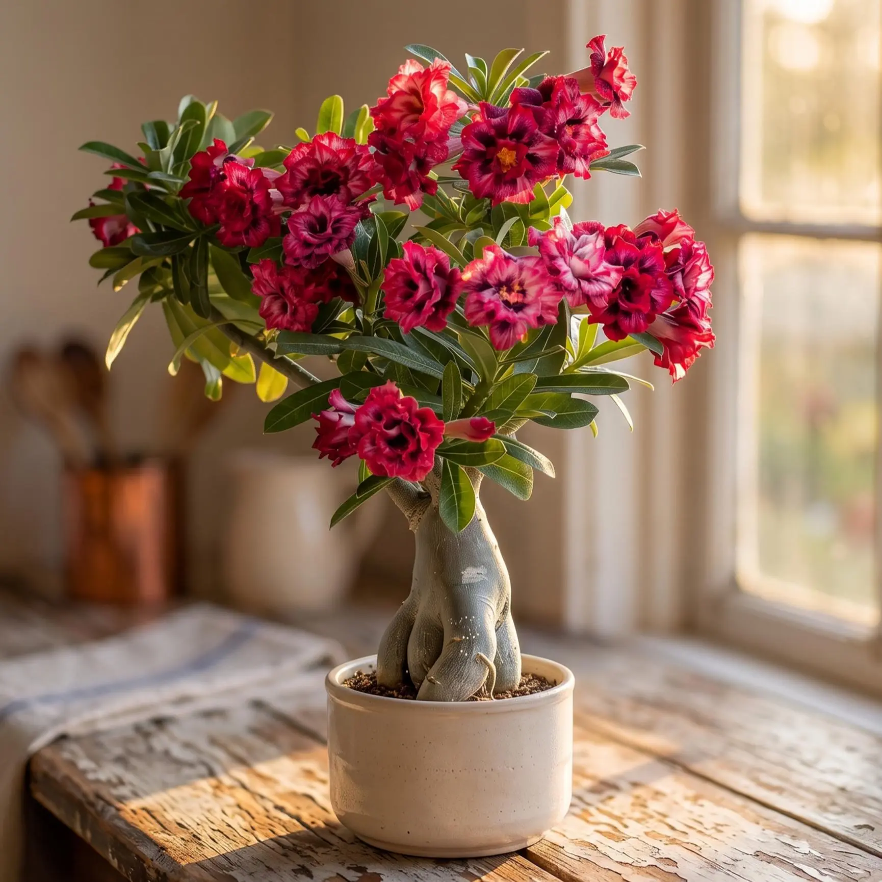 Diana Desert Rose Plant (Adenium Obesum) - Flowering Succulent Caudex Plant, Exotic Tropical Easy-Care Houseplant for Gardens