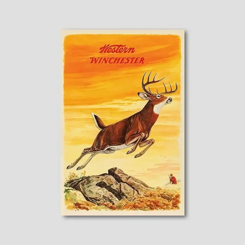 Vintage Winchester Deer Hunting No Frame Poster, Retro Western Wildlife Wall Art Print, Rustic Cabin Decor Gift for Hunters