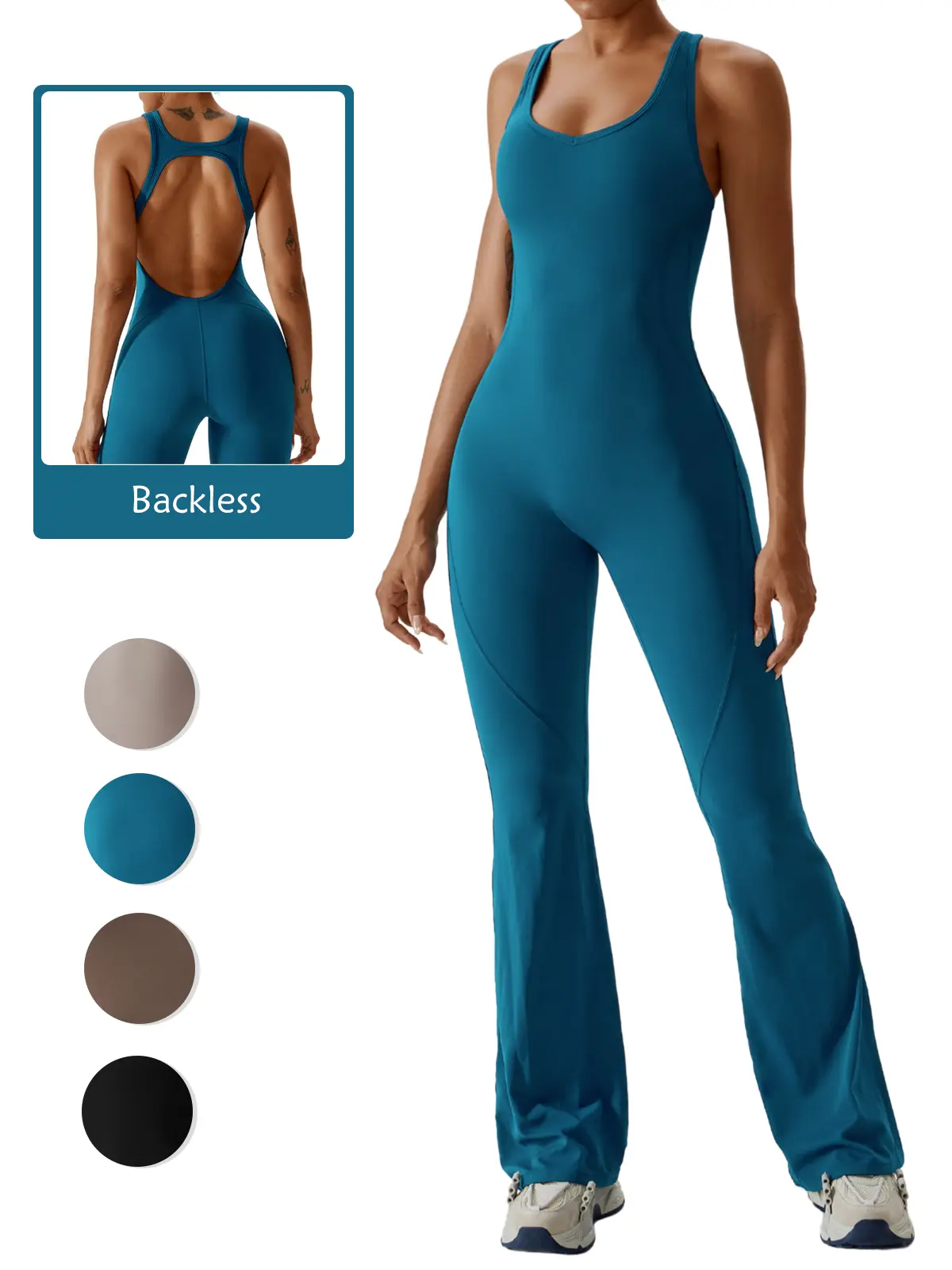 RIOJOY Women's Flare Yoga Jumpsuit - U-Neck Sleeveless V-Back Backless, Bra & Tummy Control, Quick-Drying Stretchable Sports Outfit, Workout Gym Clothing, Jumpsuits for Women for Fitness Activewear