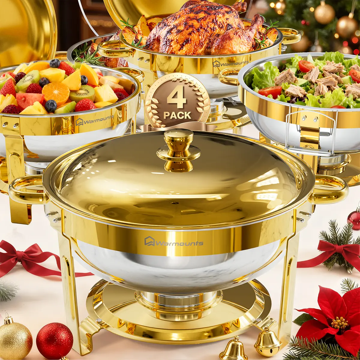 Summerwins WARMOUNTS 5QT Gold/Rose Gold Chafing Dishes for Buffet with Glass Lid/Stainless Steel Lid, Round Stainless Steel Chafers and Buffet Warmers Sets with Lid Holder, Rolled Rim Design, for Easter Brunch, Parties & Weddings (2/4/6 Pack)
