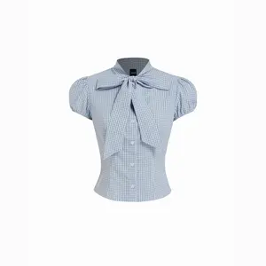 Cider Cotton-blend Gingham Puff Sleeve Bowknot Crop Blouse