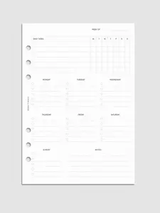 Cloth & Paper Cleaning Planner Inserts - 30 Pages, Black Ink on White Paper, Daily Tasks Table, Weekly Sections, Notes Field, Pre-Punched, Customizable Header