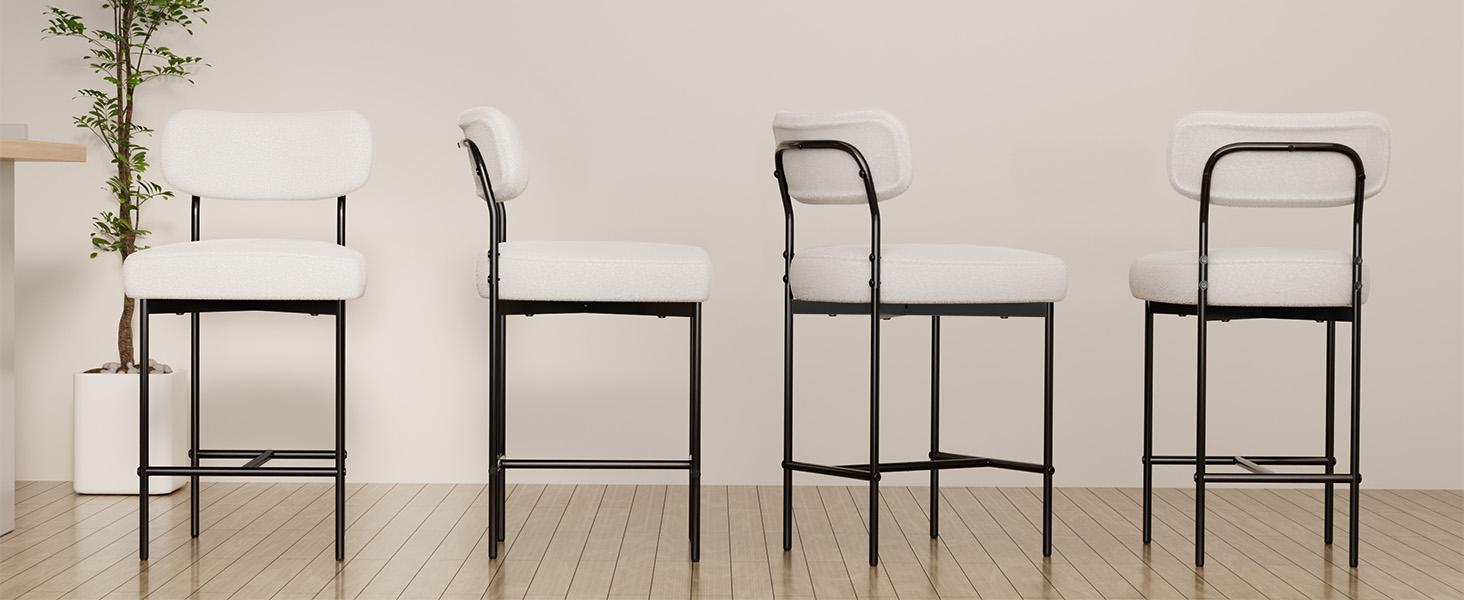 HOMMPA 26'' Bar Stools Set of 2 Boucle Counter Height Barstools Set Upholstered Modern Bar Stools Chairs with Back Metal Legs for Kitchen Island Counter White