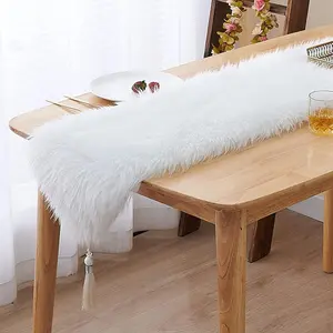 Table Runner White with Tassels, Modern Fluffy Faux  Christmas Table Runners for  Dresser Dinning Table Decor (White, 11.8 x 59.1 inch)