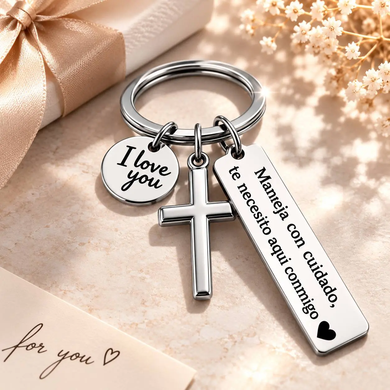 Stainless Steel Cross Keychain with Spanish Phrase Lettering, "Maneja Con Cuidado Te Necesito Aquí Conmigo" & "I Love You" Charms, Stainless Steel Jewelry Gift for Boyfriend Husband Birthday, Cross Chain