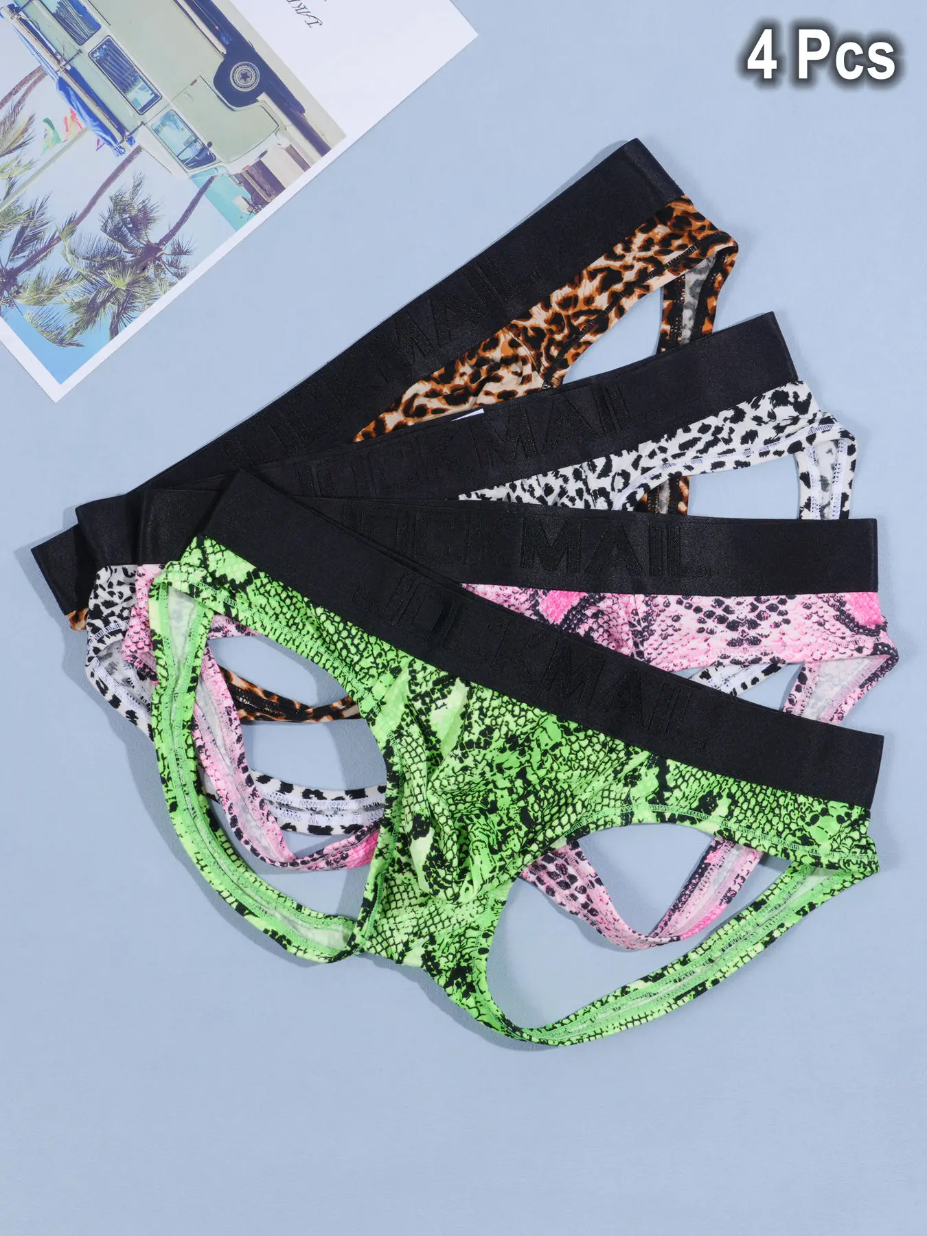 Men's Leopard Print Low Waist Briefs Open-back Jockstrap, Backless Design, Sexy Fashion Openwork Knit Underwear, Pack of 4, Comfortable Fit