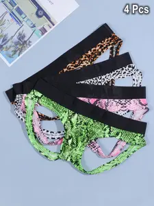 Men's Leopard Print Low Waist Briefs Open-back Jockstrap, Backless Design, Sexy Fashion Openwork Underwear, Pack of 4, Comfortable Fit