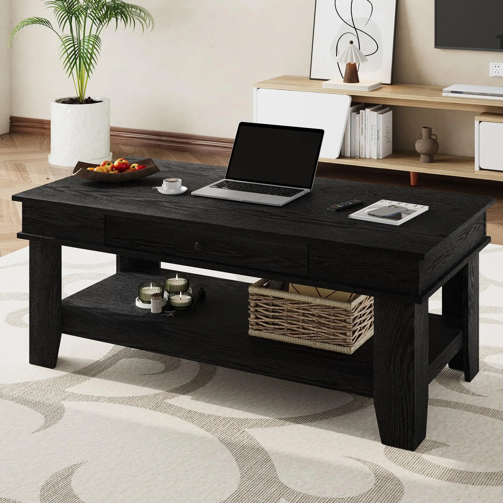 Garvee Black Coffee Table with Drawer and Storage Shelf, 47.2" Rustic Center Table for Living Room, Sturdy and Easy to Clean, Supports Up to 300 Pounds
